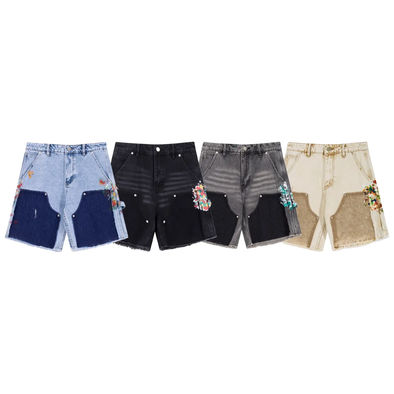 668#Gallery Dept New Splashed Ink Splashed Paint Logging Pants Spliced ​​Cargo Pants Washed Jeans Shorts Beautiful Trendy Five-Fifth Pants Versatile Casual Pants Blue Black Gray Khaki S~XL P250